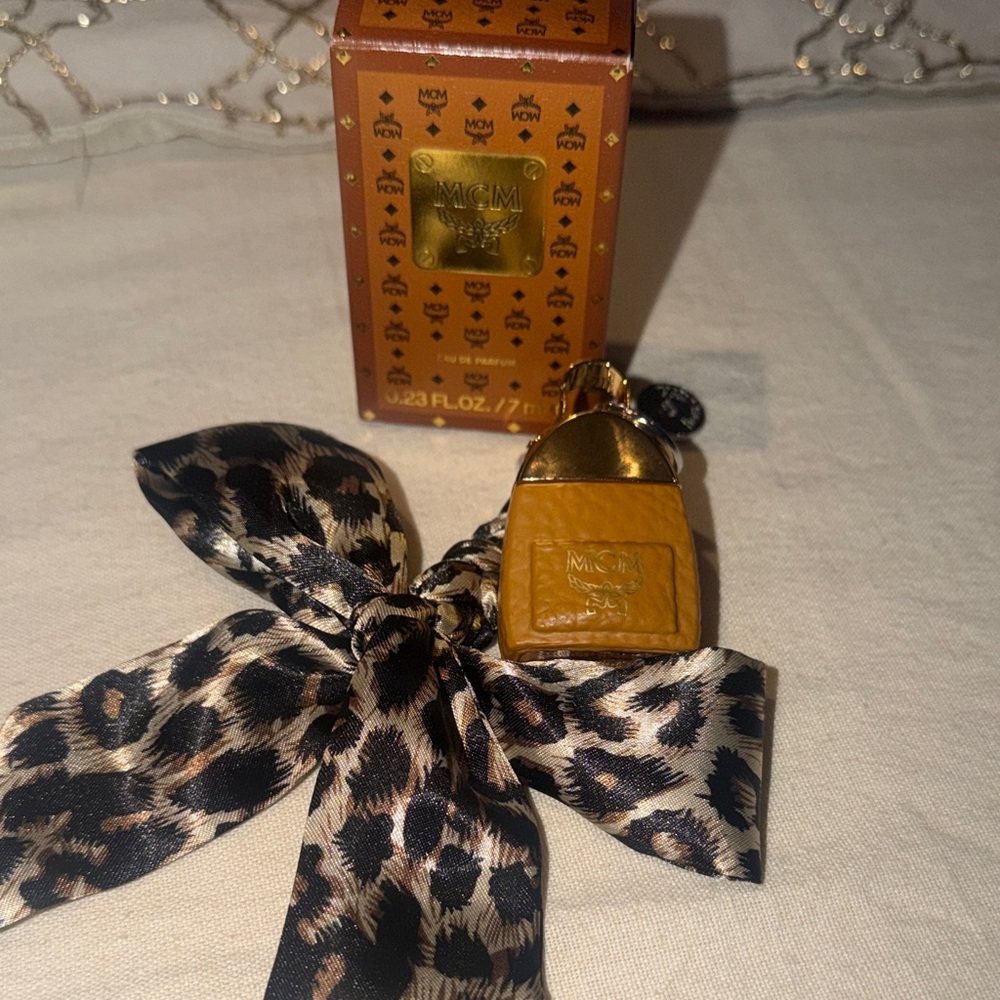 MCM Gold and Brown Key Holder with Leopard Ribbon